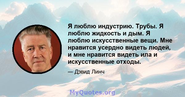 Я люблю индустрию. Трубы. Я люблю жидкость и дым. Я люблю искусственные вещи. Мне нравится усердно видеть людей, и мне нравится видеть ила и искусственные отходы.