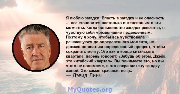 Я люблю загадки. Впасть в загадку и ее опасность ... все становится настолько интенсивным в эти моменты. Когда большинство загадок решается, я чувствую себя чрезвычайно подведенным. Поэтому я хочу, чтобы все чувствовала 