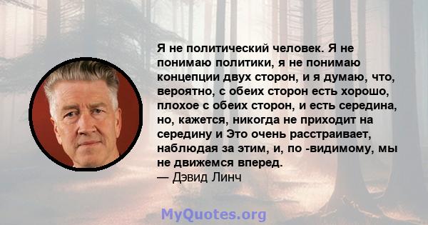 Я не политический человек. Я не понимаю политики, я не понимаю концепции двух сторон, и я думаю, что, вероятно, с обеих сторон есть хорошо, плохое с обеих сторон, и есть середина, но, кажется, никогда не приходит на