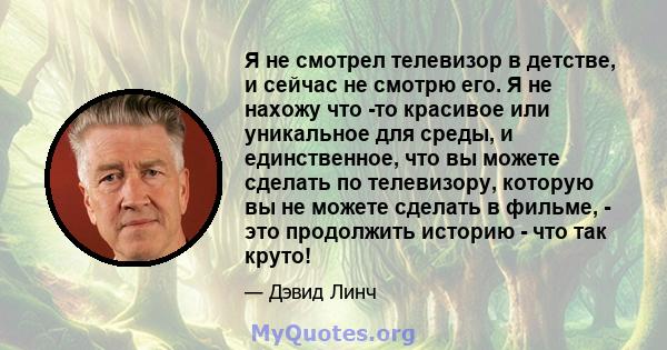 Я не смотрел телевизор в детстве, и сейчас не смотрю его. Я не нахожу что -то красивое или уникальное для среды, и единственное, что вы можете сделать по телевизору, которую вы не можете сделать в фильме, - это