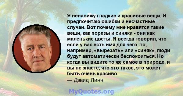 Я ненавижу гладкие и красивые вещи. Я предпочитаю ошибки и несчастные случаи. Вот почему мне нравятся такие вещи, как порезы и синяки - они как маленькие цветы. Я всегда говорил, что если у вас есть имя для чего -то,