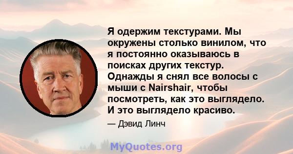 Я одержим текстурами. Мы окружены столько винилом, что я постоянно оказываюсь в поисках других текстур. Однажды я снял все волосы с мыши с Nairshair, чтобы посмотреть, как это выглядело. И это выглядело красиво.