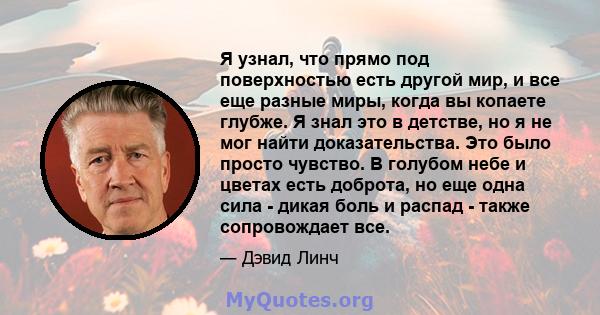 Я узнал, что прямо под поверхностью есть другой мир, и все еще разные миры, когда вы копаете глубже. Я знал это в детстве, но я не мог найти доказательства. Это было просто чувство. В голубом небе и цветах есть доброта, 