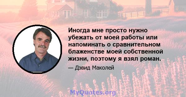 Иногда мне просто нужно убежать от моей работы или напоминать о сравнительном блаженстве моей собственной жизни, поэтому я взял роман.