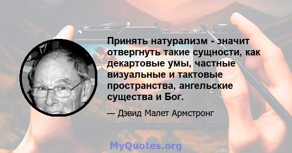 Принять натурализм - значит отвергнуть такие сущности, как декартовые умы, частные визуальные и тактовые пространства, ангельские существа и Бог.