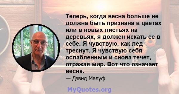 Теперь, когда весна больше не должна быть признана в цветах или в новых листьях на деревьях, я должен искать ее в себе. Я чувствую, как лед треснут. Я чувствую себя ослабленным и снова течет, отражая мир. Вот что