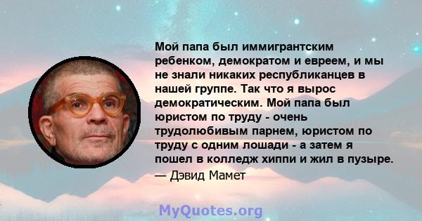 Мой папа был иммигрантским ребенком, демократом и евреем, и мы не знали никаких республиканцев в нашей группе. Так что я вырос демократическим. Мой папа был юристом по труду - очень трудолюбивым парнем, юристом по труду 