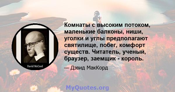 Комнаты с высоким потоком, маленькие балконы, ниши, уголки и углы предполагают святилище, побег, комфорт существ. Читатель, ученый, браузер, заемщик - король.