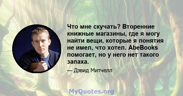 Что мне скучать? Вторенние книжные магазины, где я могу найти вещи, которые я понятия не имел, что хотел. AbeBooks помогает, но у него нет такого запаха.