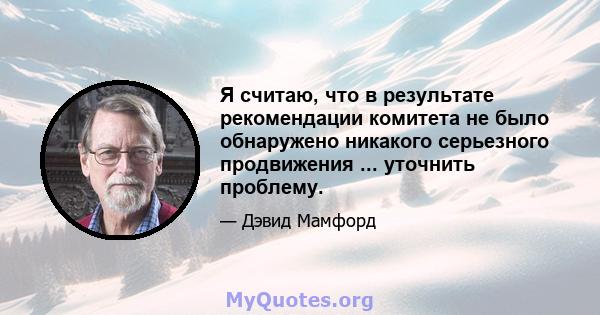 Я считаю, что в результате рекомендации комитета не было обнаружено никакого серьезного продвижения ... уточнить проблему.