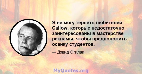 Я не могу терпеть любителей Callow, которые недостаточно заинтересованы в мастерстве рекламы, чтобы предположить осанку студентов.