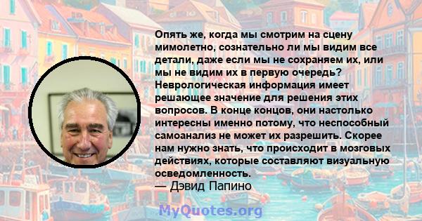 Опять же, когда мы смотрим на сцену мимолетно, сознательно ли мы видим все детали, даже если мы не сохраняем их, или мы не видим их в первую очередь? Неврологическая информация имеет решающее значение для решения этих