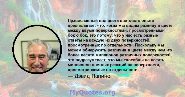 Православный вид цвета цветового опыта предполагает, что, когда мы видим разницу в цвете между двумя поверхностями, просмотренными бок о бок, это потому, что у нас есть разные ответы на каждую из двух поверхностей,