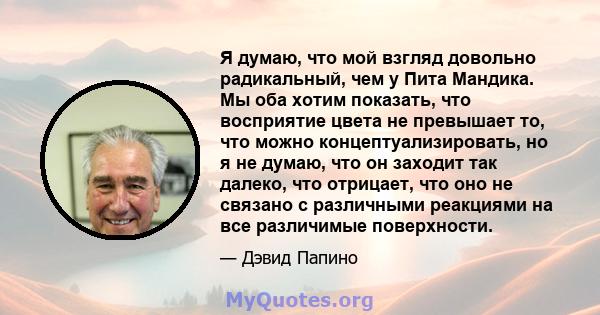 Я думаю, что мой взгляд довольно радикальный, чем у Пита Мандика. Мы оба хотим показать, что восприятие цвета не превышает то, что можно концептуализировать, но я не думаю, что он заходит так далеко, что отрицает, что