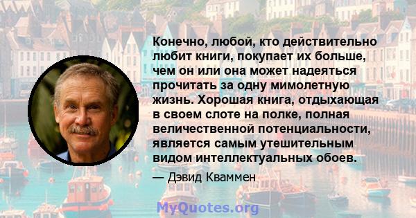 Конечно, любой, кто действительно любит книги, покупает их больше, чем он или она может надеяться прочитать за одну мимолетную жизнь. Хорошая книга, отдыхающая в своем слоте на полке, полная величественной