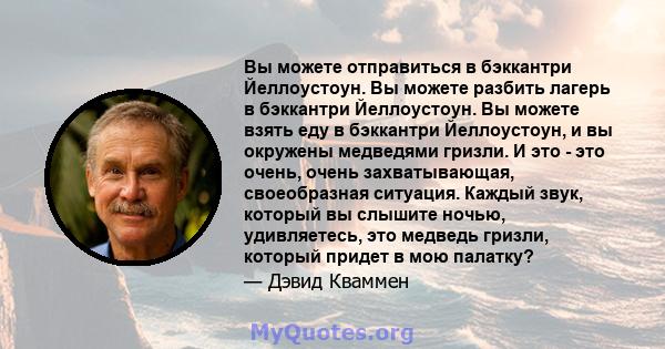 Вы можете отправиться в бэккантри Йеллоустоун. Вы можете разбить лагерь в бэккантри Йеллоустоун. Вы можете взять еду в бэккантри Йеллоустоун, и вы окружены медведями гризли. И это - это очень, очень захватывающая,