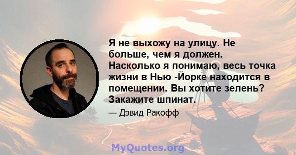 Я не выхожу на улицу. Не больше, чем я должен. Насколько я понимаю, весь точка жизни в Нью -Йорке находится в помещении. Вы хотите зелень? Закажите шпинат.