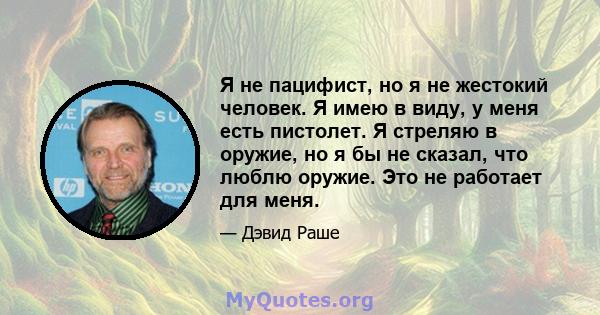 Я не пацифист, но я не жестокий человек. Я имею в виду, у меня есть пистолет. Я стреляю в оружие, но я бы не сказал, что люблю оружие. Это не работает для меня.