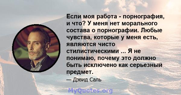 Если моя работа - порнография, и что? У меня нет морального состава о порнографии. Любые чувства, которые у меня есть, являются чисто стилистическими ... Я не понимаю, почему это должно быть исключено как серьезный