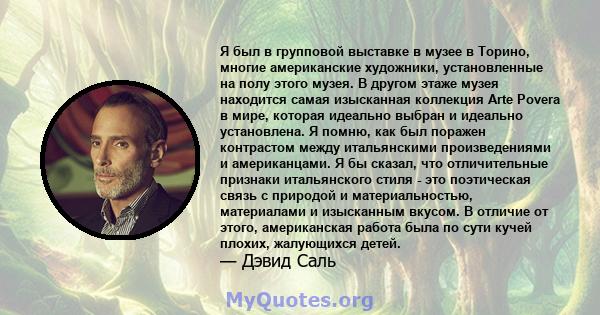 Я был в групповой выставке в музее в Торино, многие американские художники, установленные на полу этого музея. В другом этаже музея находится самая изысканная коллекция Arte Povera в мире, которая идеально выбран и