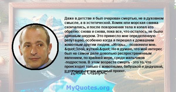 Даже в детстве я был очарован смертью, не в духовном смысле, а в эстетической. Хомяк или морская свинка скончались, и после похоронения тела я копал его обратно: снова и снова, пока все, что осталось, не было дрянным