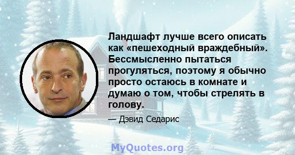 Ландшафт лучше всего описать как «пешеходный враждебный». Бессмысленно пытаться прогуляться, поэтому я обычно просто остаюсь в комнате и думаю о том, чтобы стрелять в голову.