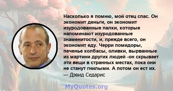 Насколько я помню, мой отец спас. Он экономит деньги, он экономит изуродованные палки, которые напоминают изуродованные знаменитости, и, прежде всего, он экономит еду. Черри помидоры, печенье колбасы, оливки, вырванные