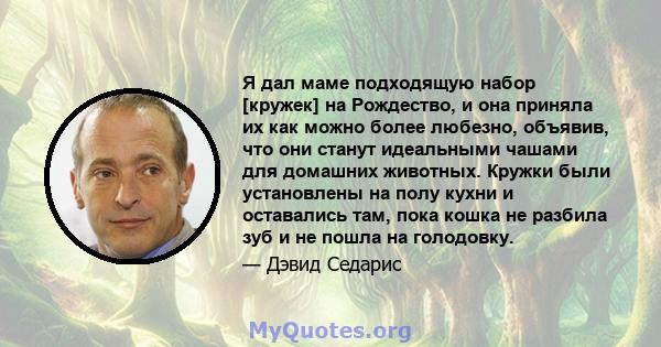 Я дал маме подходящую набор [кружек] на Рождество, и она приняла их как можно более любезно, объявив, что они станут идеальными чашами для домашних животных. Кружки были установлены на полу кухни и оставались там, пока