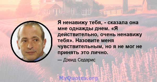 Я ненавижу тебя, - сказала она мне однажды днем. «Я действительно, очень ненавижу тебя». Назовите меня чувствительным, но я не мог не принять это лично.