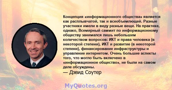 Концепция «информационного общества» является как расплывчатой, так и всеобъемлющей. Разные участники имели в виду разные вещи. На практике, однако, Всемирный саммит по информационному обществу занимался лишь небольшим