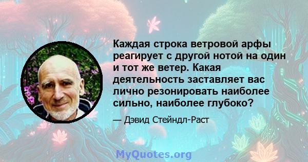 Каждая строка ветровой арфы реагирует с другой нотой на один и тот же ветер. Какая деятельность заставляет вас лично резонировать наиболее сильно, наиболее глубоко?