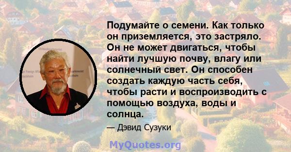 Подумайте о семени. Как только он приземляется, это застряло. Он не может двигаться, чтобы найти лучшую почву, влагу или солнечный свет. Он способен создать каждую часть себя, чтобы расти и воспроизводить с помощью