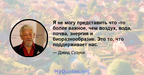 Я не могу представить что -то более важное, чем воздух, вода, почва, энергия и биоразнообразие. Это то, что поддерживает нас.