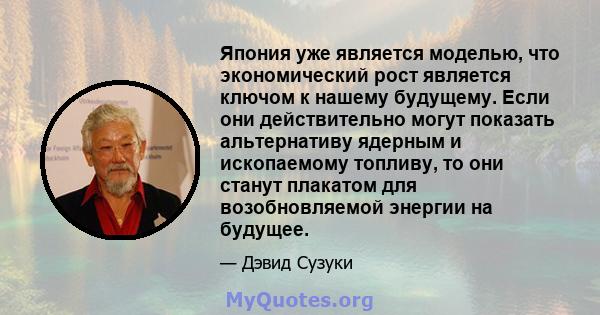 Япония уже является моделью, что экономический рост является ключом к нашему будущему. Если они действительно могут показать альтернативу ядерным и ископаемому топливу, то они станут плакатом для возобновляемой энергии