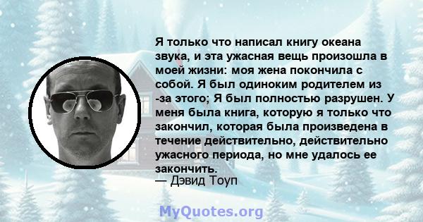 Я только что написал книгу океана звука, и эта ужасная вещь произошла в моей жизни: моя жена покончила с собой. Я был одиноким родителем из -за этого; Я был полностью разрушен. У меня была книга, которую я только что