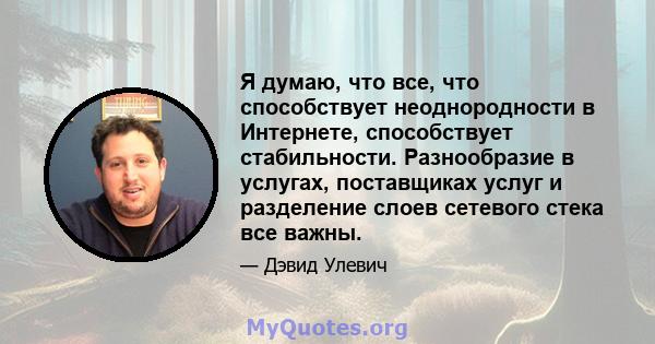 Я думаю, что все, что способствует неоднородности в Интернете, способствует стабильности. Разнообразие в услугах, поставщиках услуг и разделение слоев сетевого стека все важны.