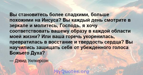 Вы становитесь более сладкими, больше похожими на Иисуса? Вы каждый день смотрите в зеркале и молитесь, Господь, я хочу соответствовать вашему образу в каждой области моей жизни? Или ваша горечь укоренилась,