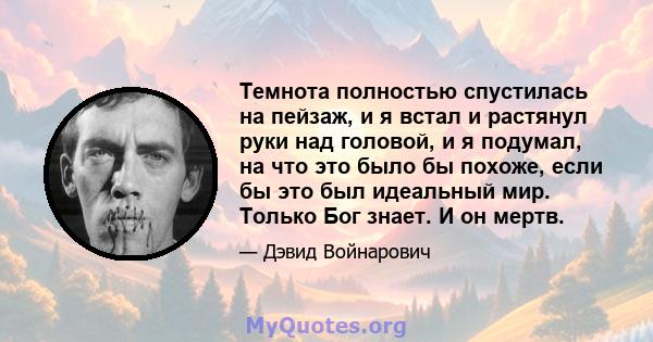 Темнота полностью спустилась на пейзаж, и я встал и растянул руки над головой, и я подумал, на что это было бы похоже, если бы это был идеальный мир. Только Бог знает. И он мертв.