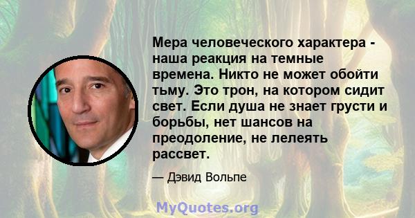 Мера человеческого характера - наша реакция на темные времена. Никто не может обойти тьму. Это трон, на котором сидит свет. Если душа не знает грусти и борьбы, нет шансов на преодоление, не лелеять рассвет.