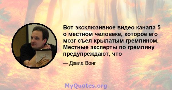 Вот эксклюзивное видео канала 5 о местном человеке, которое его мозг съел крылатым гремлином. Местные эксперты по гремлину предупреждают, что