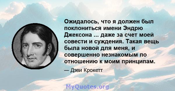 Ожидалось, что я должен был поклониться имени Эндрю Джексона ... даже за счет моей совести и суждения. Такая вещь была новой для меня, и совершенно незнакомым по отношению к моим принципам.