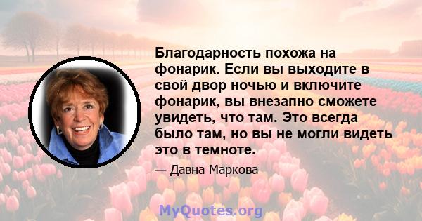 Благодарность похожа на фонарик. Если вы выходите в свой двор ночью и включите фонарик, вы внезапно сможете увидеть, что там. Это всегда было там, но вы не могли видеть это в темноте.