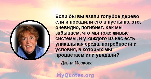 Если бы вы взяли голубое дерево ели и посадили его в пустыню, это, очевидно, погибнет. Как мы забываем, что мы тоже живые системы, и у каждого из нас есть уникальная среда, потребности и условия, в которых мы процветаем 