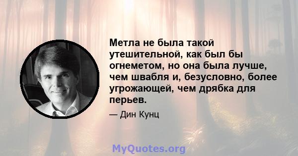 Метла не была такой утешительной, как был бы огнеметом, но она была лучше, чем швабля и, безусловно, более угрожающей, чем дрябка для перьев.