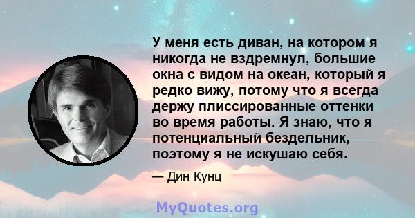 У меня есть диван, на котором я никогда не вздремнул, большие окна с видом на океан, который я редко вижу, потому что я всегда держу плиссированные оттенки во время работы. Я знаю, что я потенциальный бездельник,