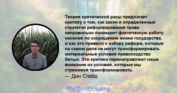 Теория критической расы предлагает критику о том, как закон и определенные стратегии реформирования права неправильно понимают фактическую работу насилия по сокращению жизни государства, и как это привело к набору