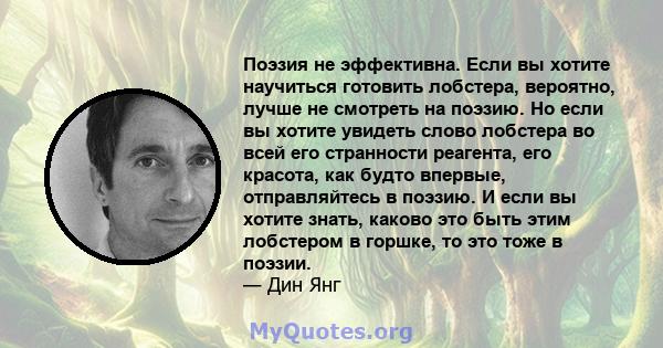 Поэзия не эффективна. Если вы хотите научиться готовить лобстера, вероятно, лучше не смотреть на поэзию. Но если вы хотите увидеть слово лобстера во всей его странности реагента, его красота, как будто впервые,