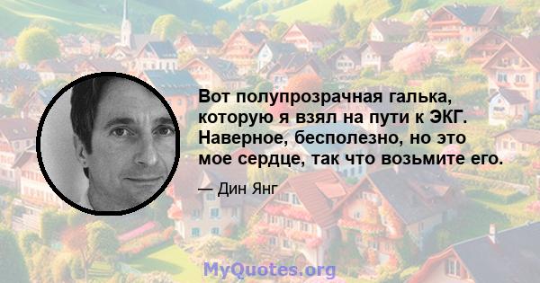 Вот полупрозрачная галька, которую я взял на пути к ЭКГ. Наверное, бесполезно, но это мое сердце, так что возьмите его.