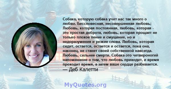 Собака, которую собака учит нас так много о любви. Бессловесная, несовершенная любовь; Любовь, которая постоянная, любовь, которая - это простая доброта, любовь, которая прощает не только плохое пение и смущение, но и