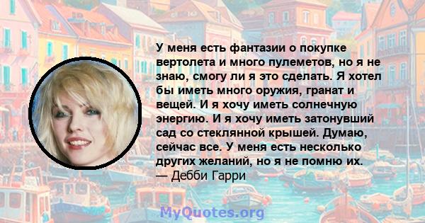 У меня есть фантазии о покупке вертолета и много пулеметов, но я не знаю, смогу ли я это сделать. Я хотел бы иметь много оружия, гранат и вещей. И я хочу иметь солнечную энергию. И я хочу иметь затонувший сад со